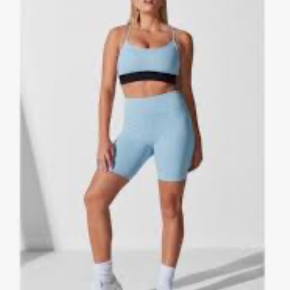Noli Shop Monogram Jacquard Studio Bra and Biker Shorts 2 Piece Set - Blue